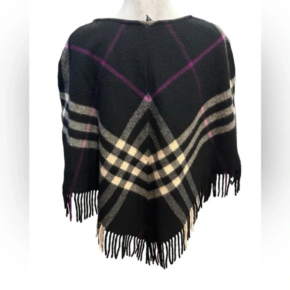 Burberry London Womens Black Plaid V-Neck Fringe Poncho Sweater Size S/M - Picture 4 of 9